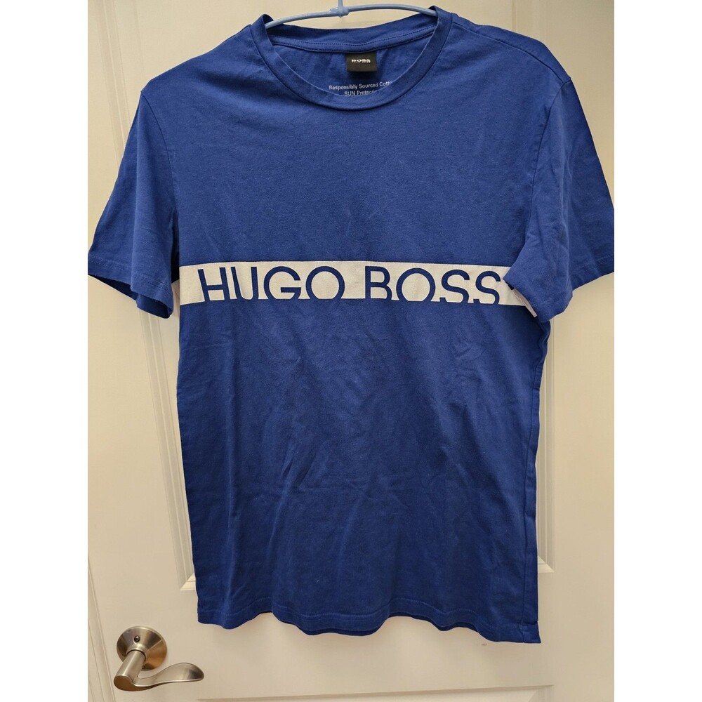 HUGO BOSS Mens T Shirt Slim Fit Sourced Cotton Sun Protection Royal Blue Size M